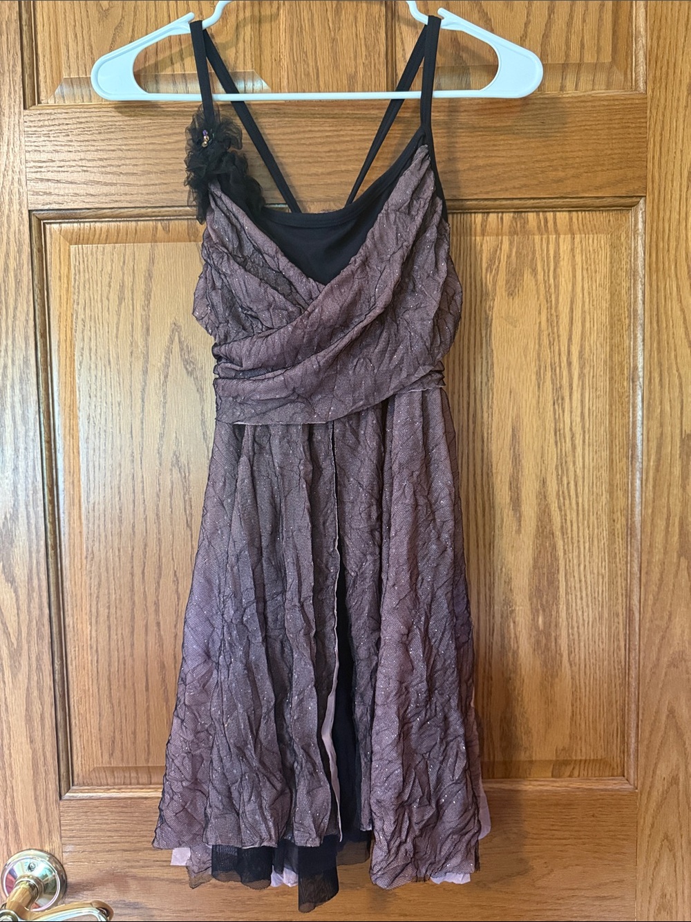 Brown Textured Midi Dress with Flower-Accent Strap